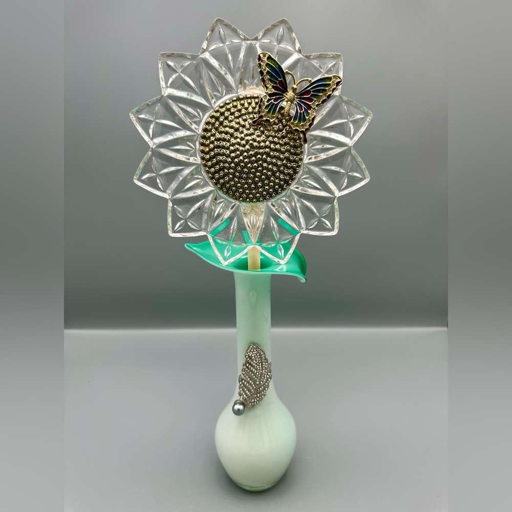 OOAK Sunflower Jewelry Art Sculpture | Vintage Glass & Butterfly | 14” Tall